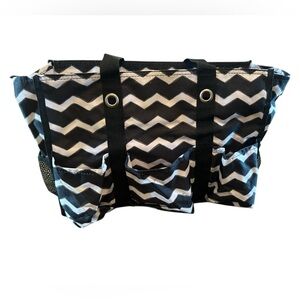 Thirty-One All In One All Day Organizer Tote Zipper Top NWOT Black White Medium